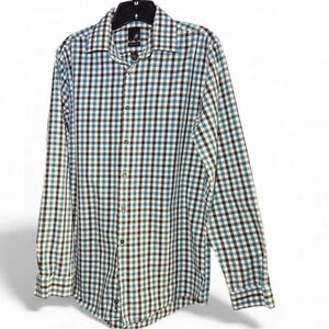 J Ferrar Men’s Checkered Button Up Shirt Size M Teal Black White